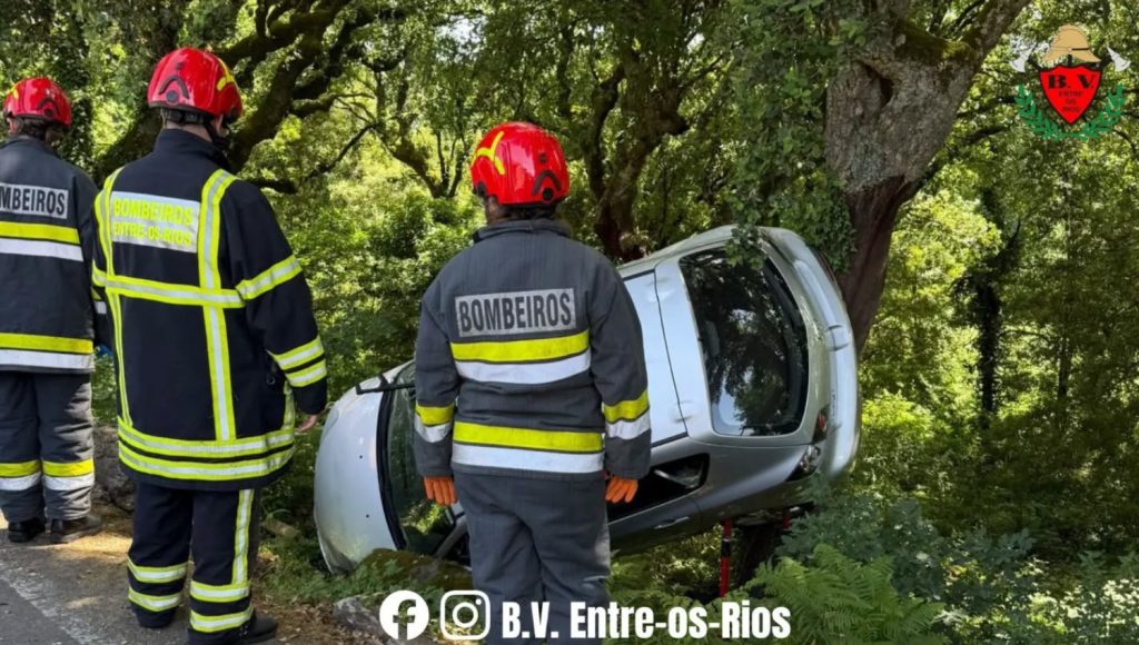 Despiste de automóvel faz um ferido com necessidade de desencarceramento em Termas de S. Vicente 1 AcidenteEntreeosRios