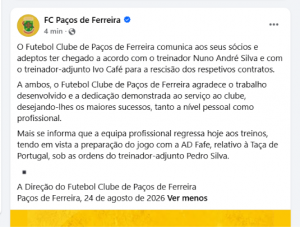 Nuno André Silva deixa o FC Paços de Ferreira após três derrotas consecutivas na Liga 3 4 NunoAndreSilva